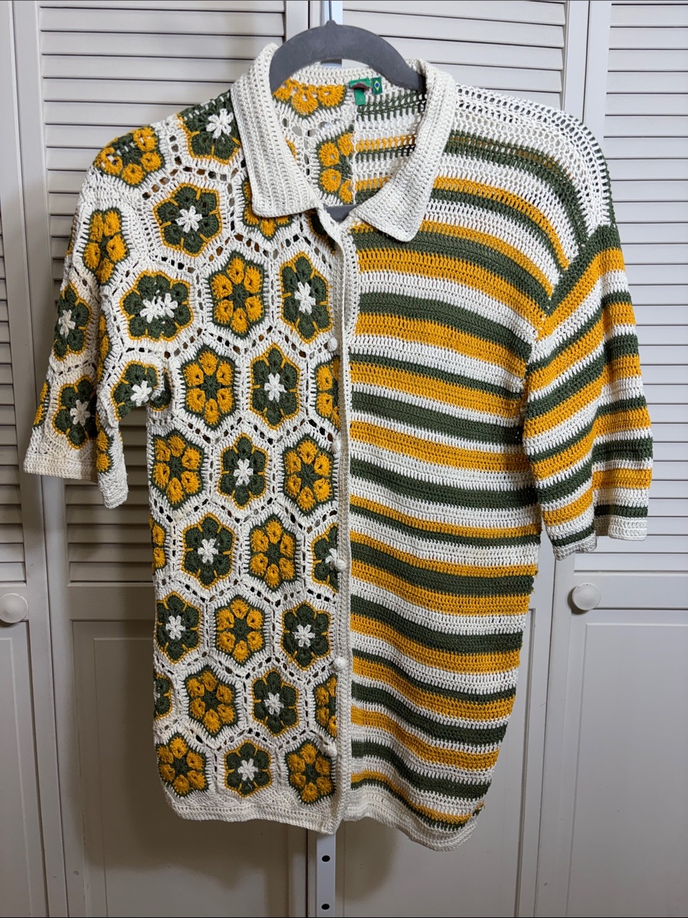 FARM Rio Cream, Mustard & Olive Crochet Button-Up Sweater - Picture 4 of 16